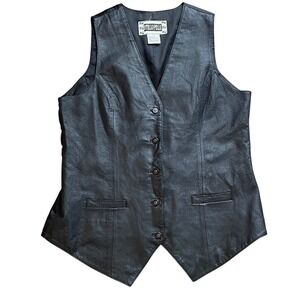 Otello Pelle Black Leather Vest Mens Large Button Front Adjustable Back VTG